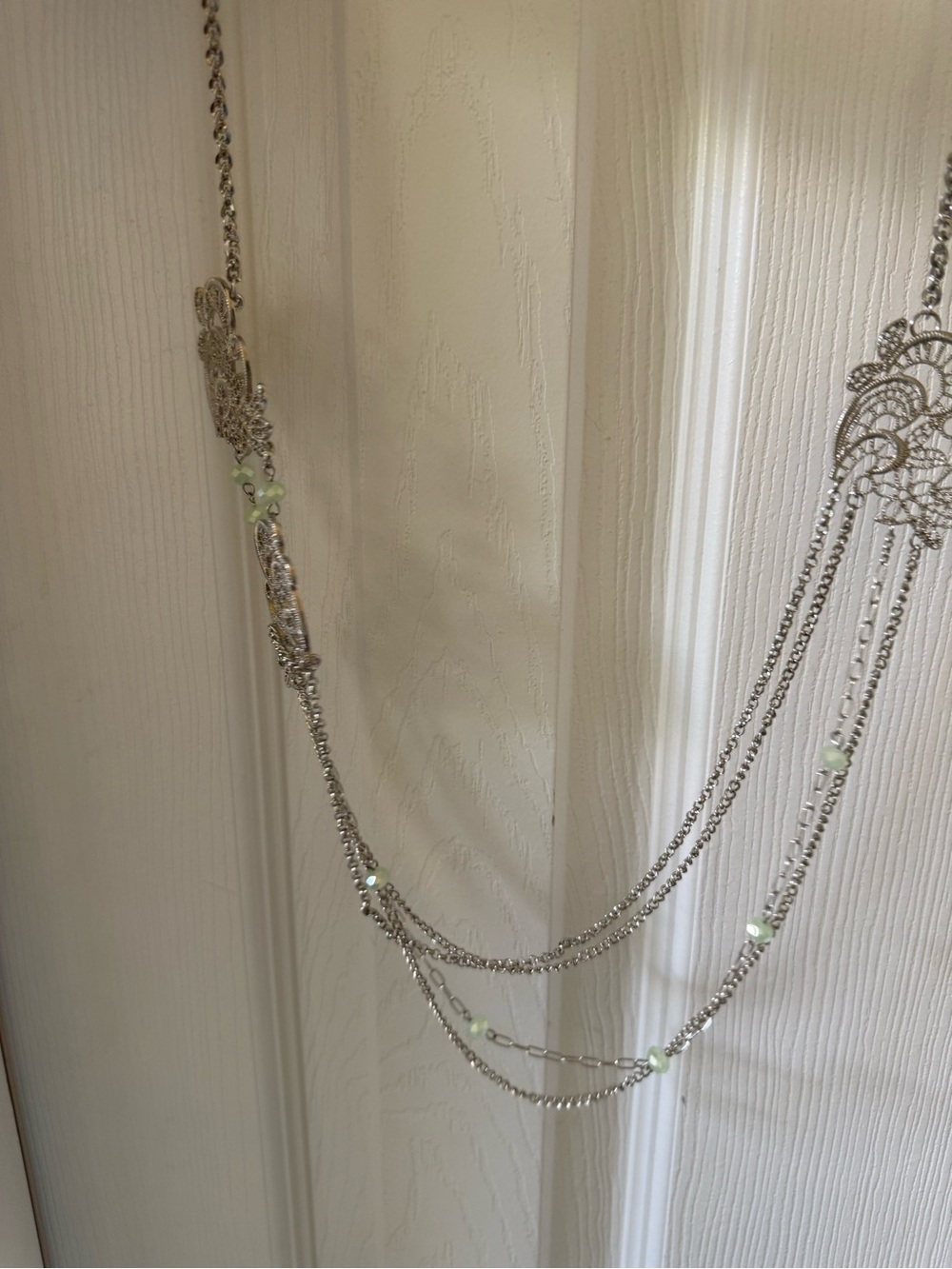 Elegant Silver Multi-Strand Necklace with Pale Green Beads